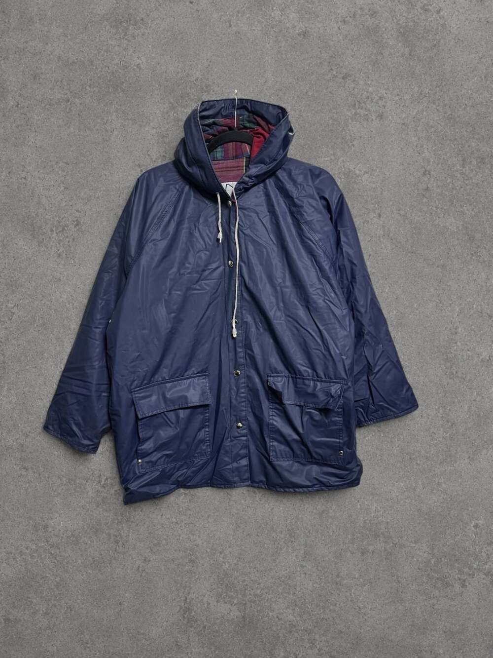 Vintage Misty Harbor Blue Hooded Rain Jacket Plaid Lined